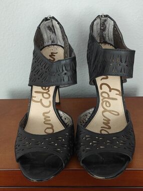 Sam Edelman Black Laser-Cut Open-Toe Ankle Strap Heels, Size 10